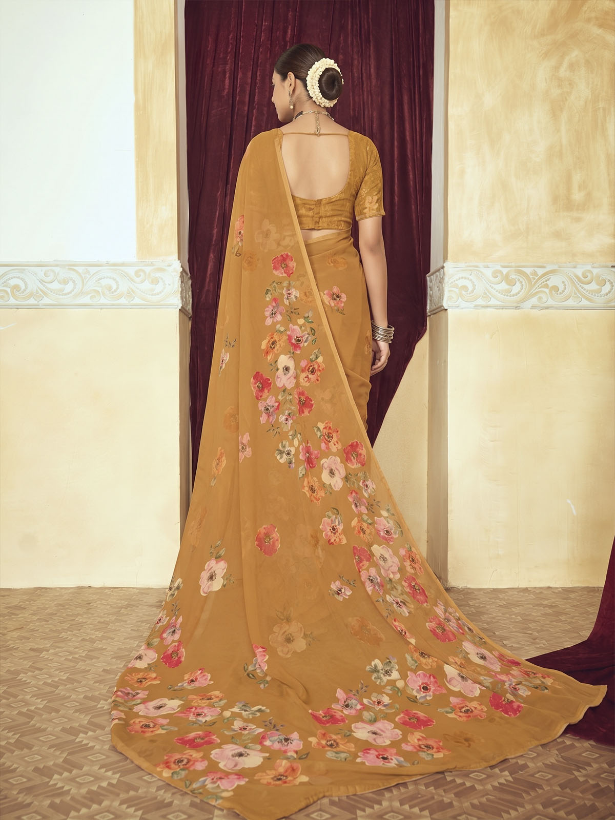 Riddhi - Orange Georgette Floral Digital Printed Saree