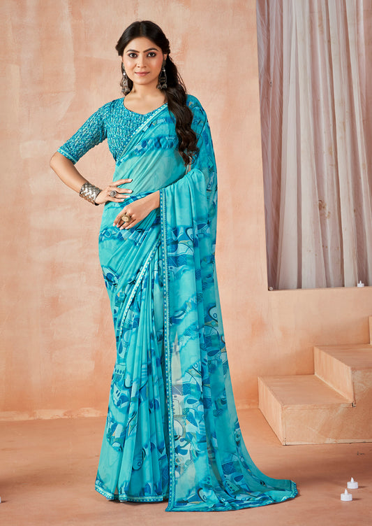 Sumedha - Sky Blue Digital Printed Georgette Saree