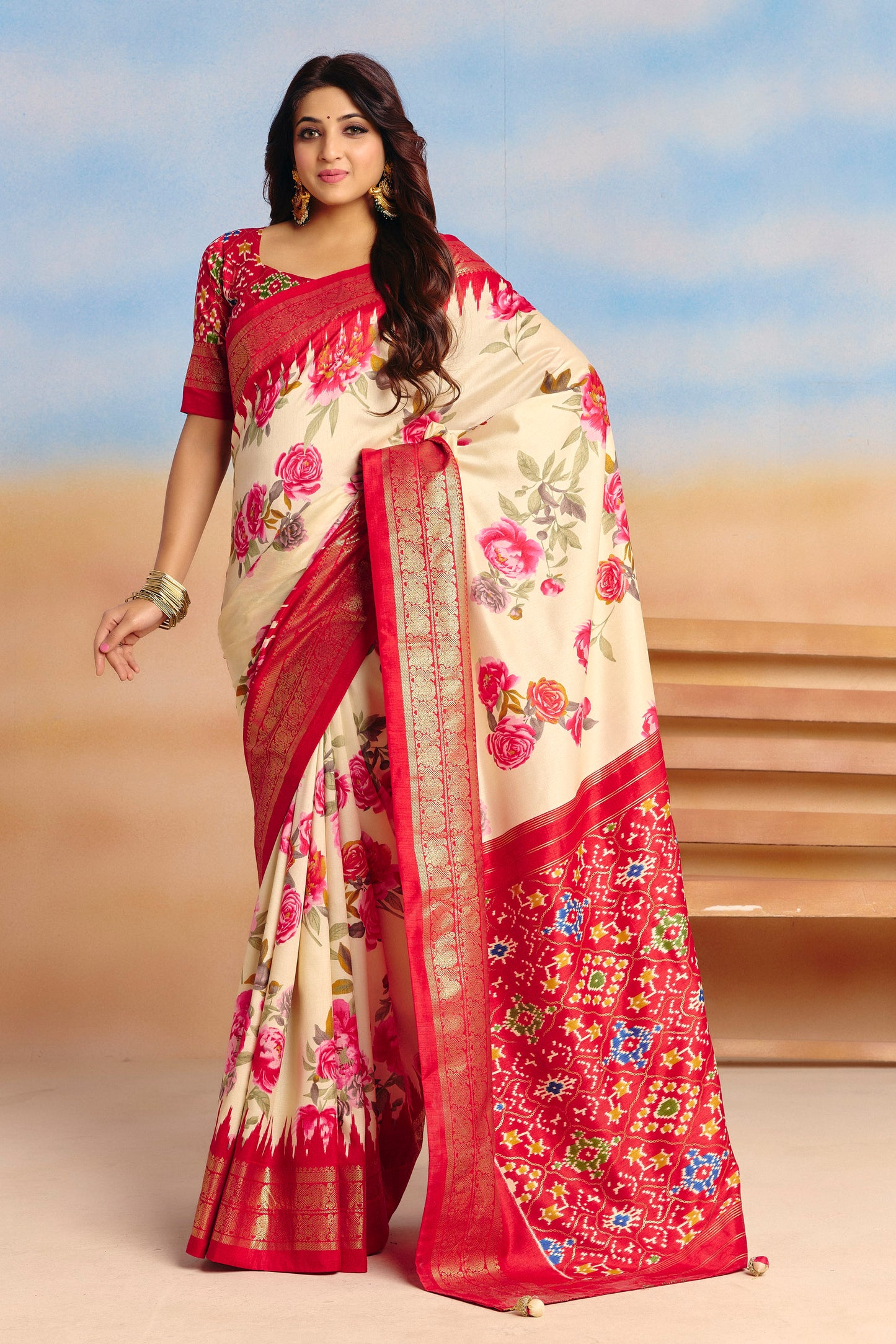 Rangrekha - Cream Floral Printed Soft Silk Saree
