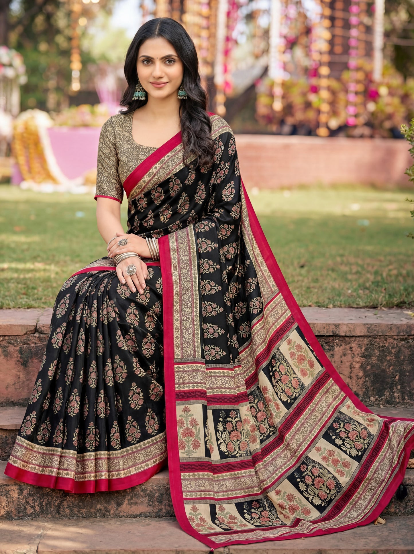 Rajkala - Black Printed Crepe Silk Saree