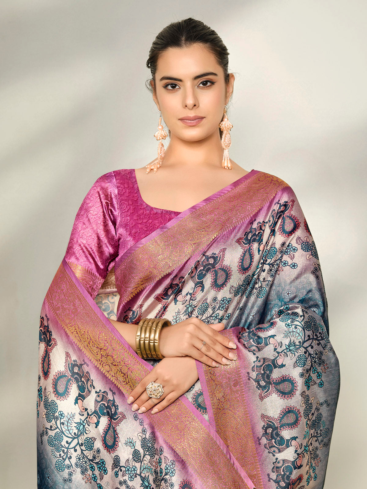 Varnika - Steel Blue Digital Printed Moss Georgette Saree with Woven Border