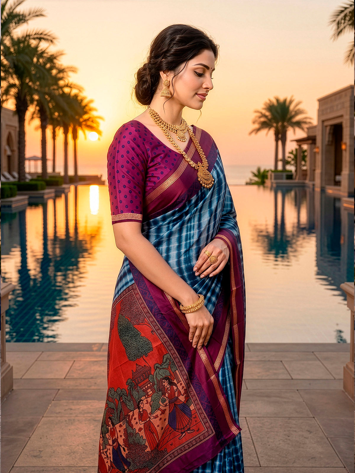 Monalisa - Blue Printed Liva Cotton Silk Saree