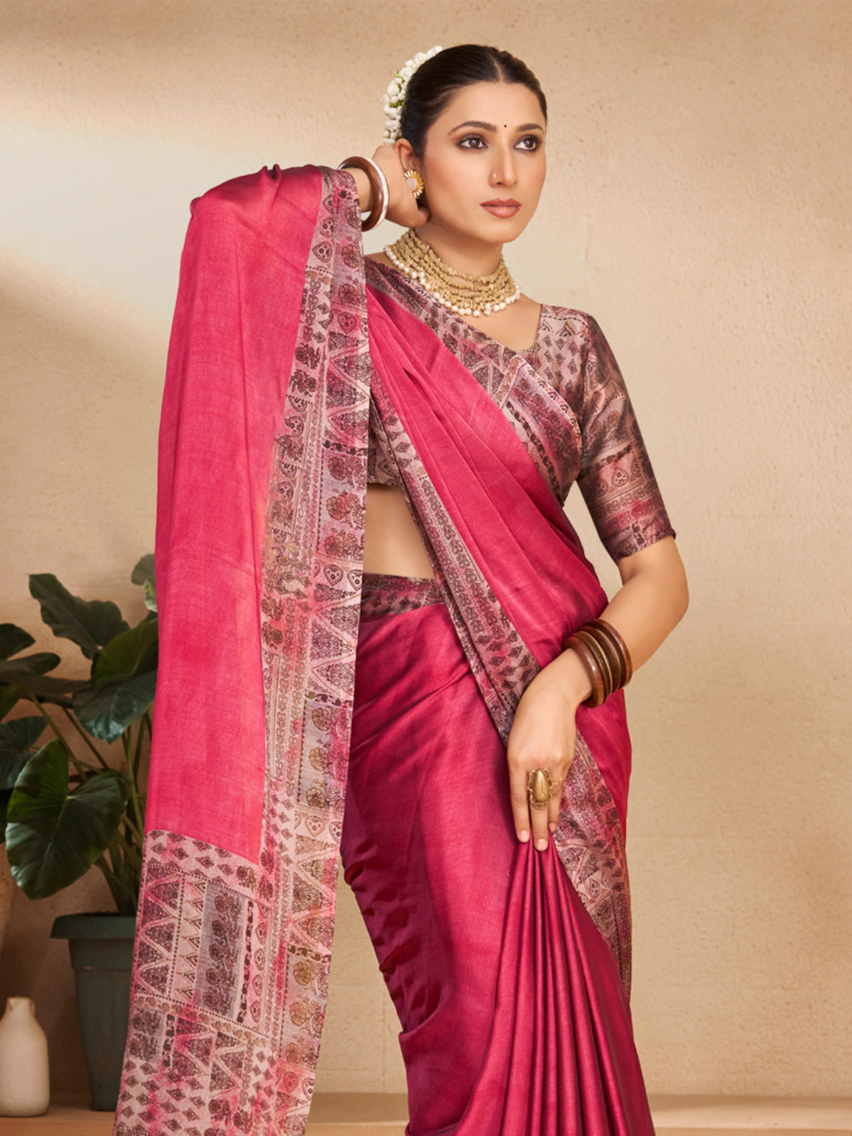 Ekvarna - Pink Printed Chiffon Saree