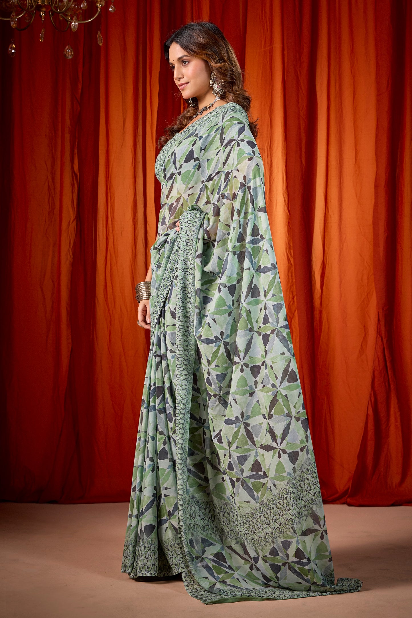 Shraddha - Light Green Georgette Digital Printed Saree