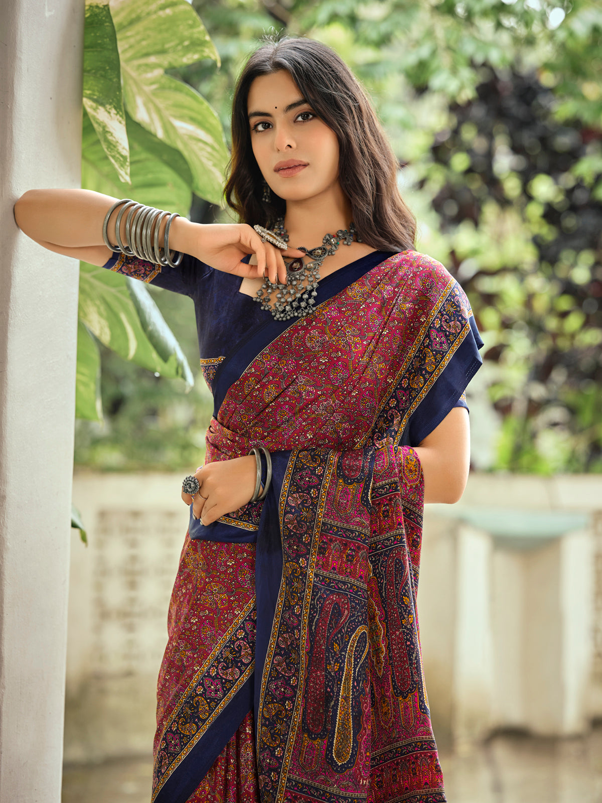 Rajkala - Maroon Printed Crepe Silk Saree