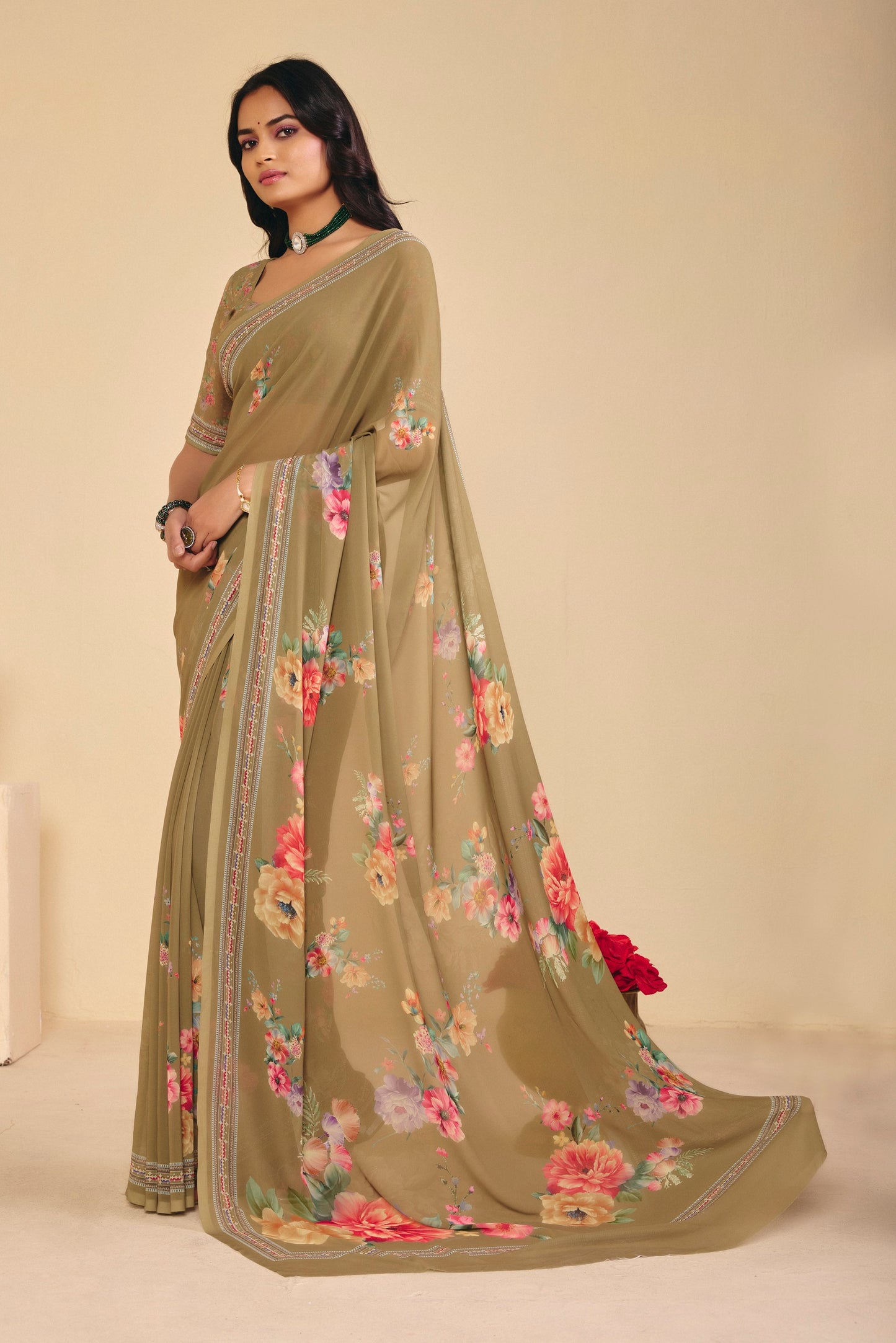 Twisha - Olive Green Georgette Digital Printed Saree