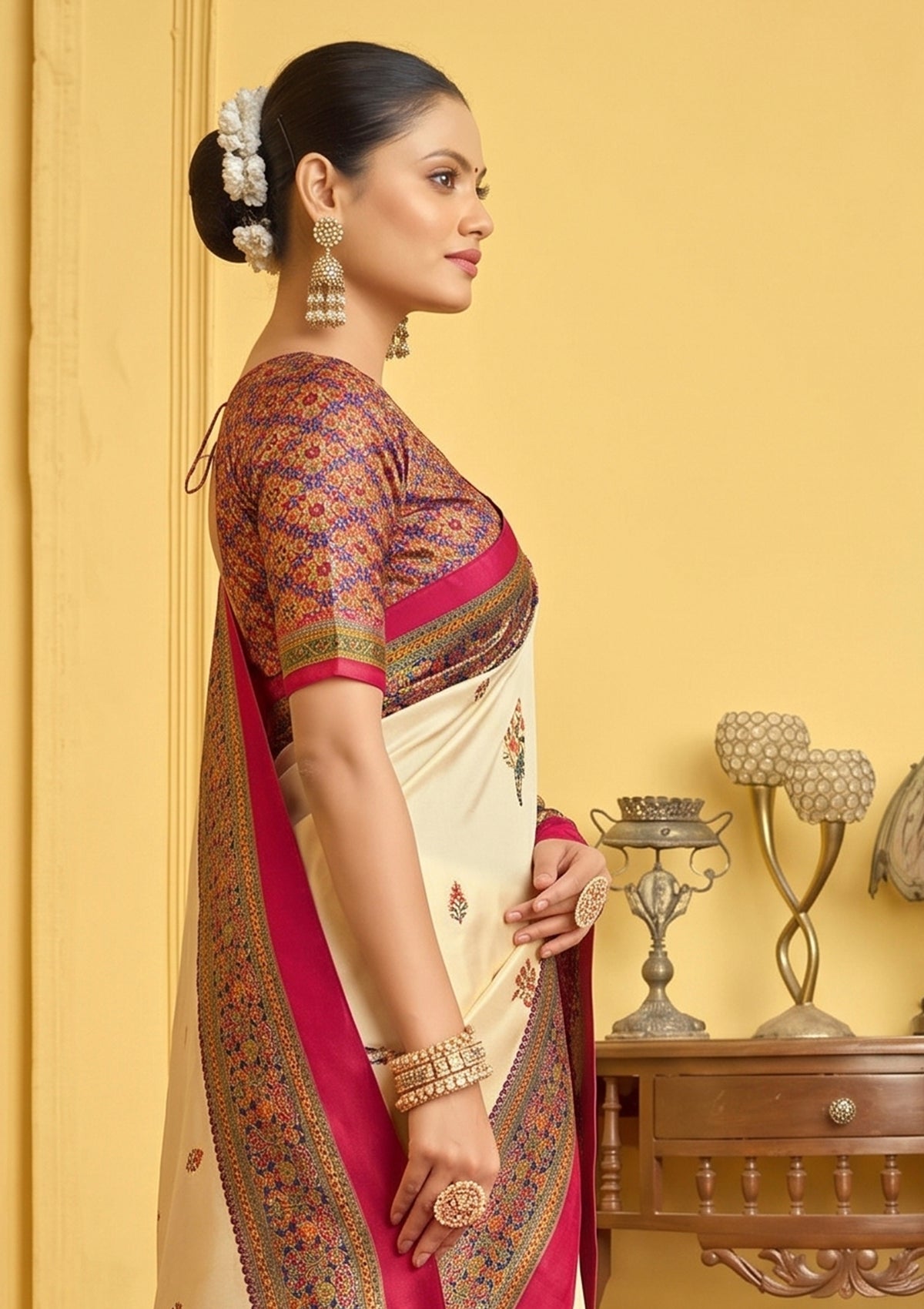 Kumuda - Cream Silk Printed Saree with Delicate Foil Work