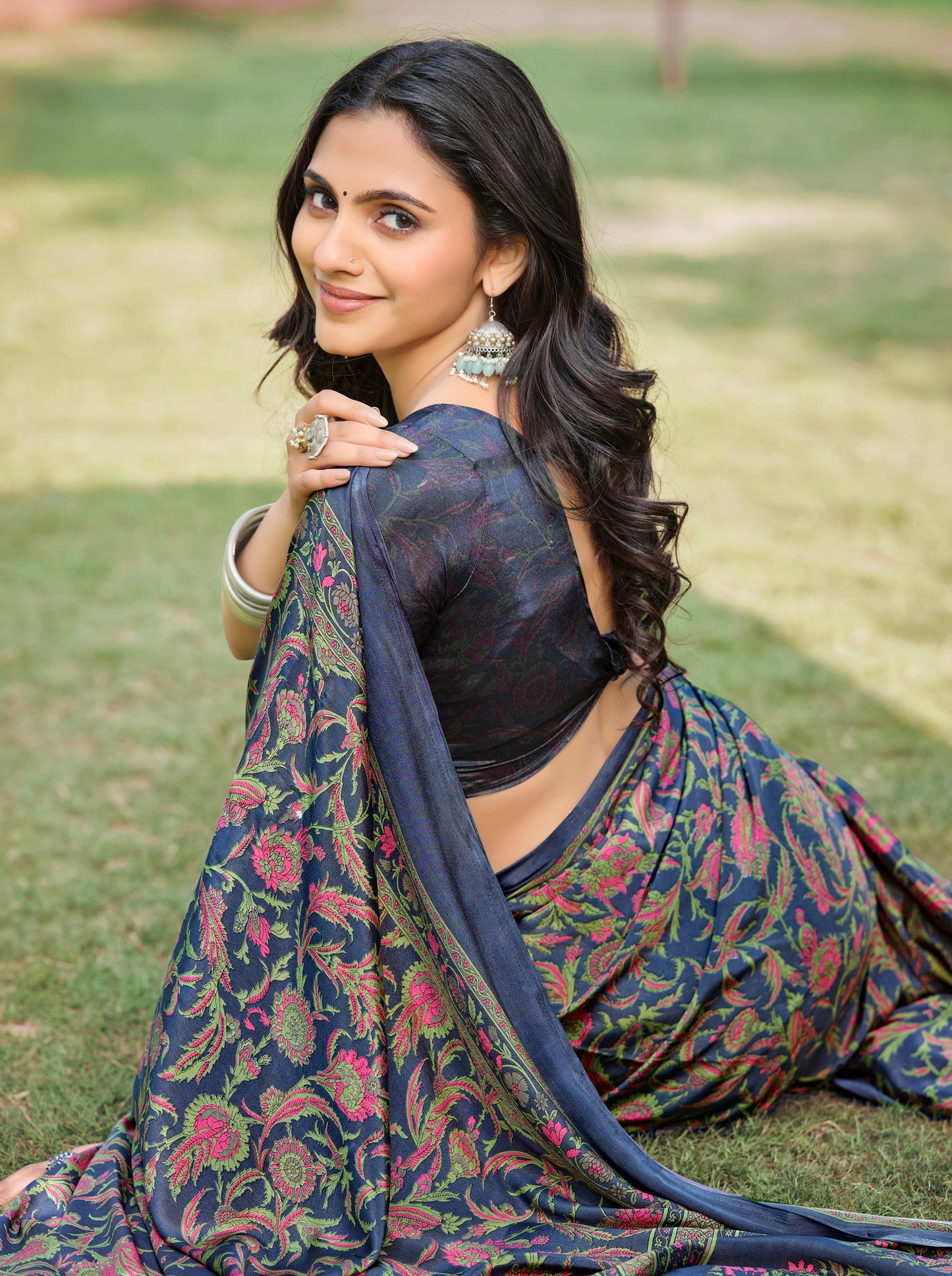 Rajkala - Navy Blue Printed Crepe Silk Saree