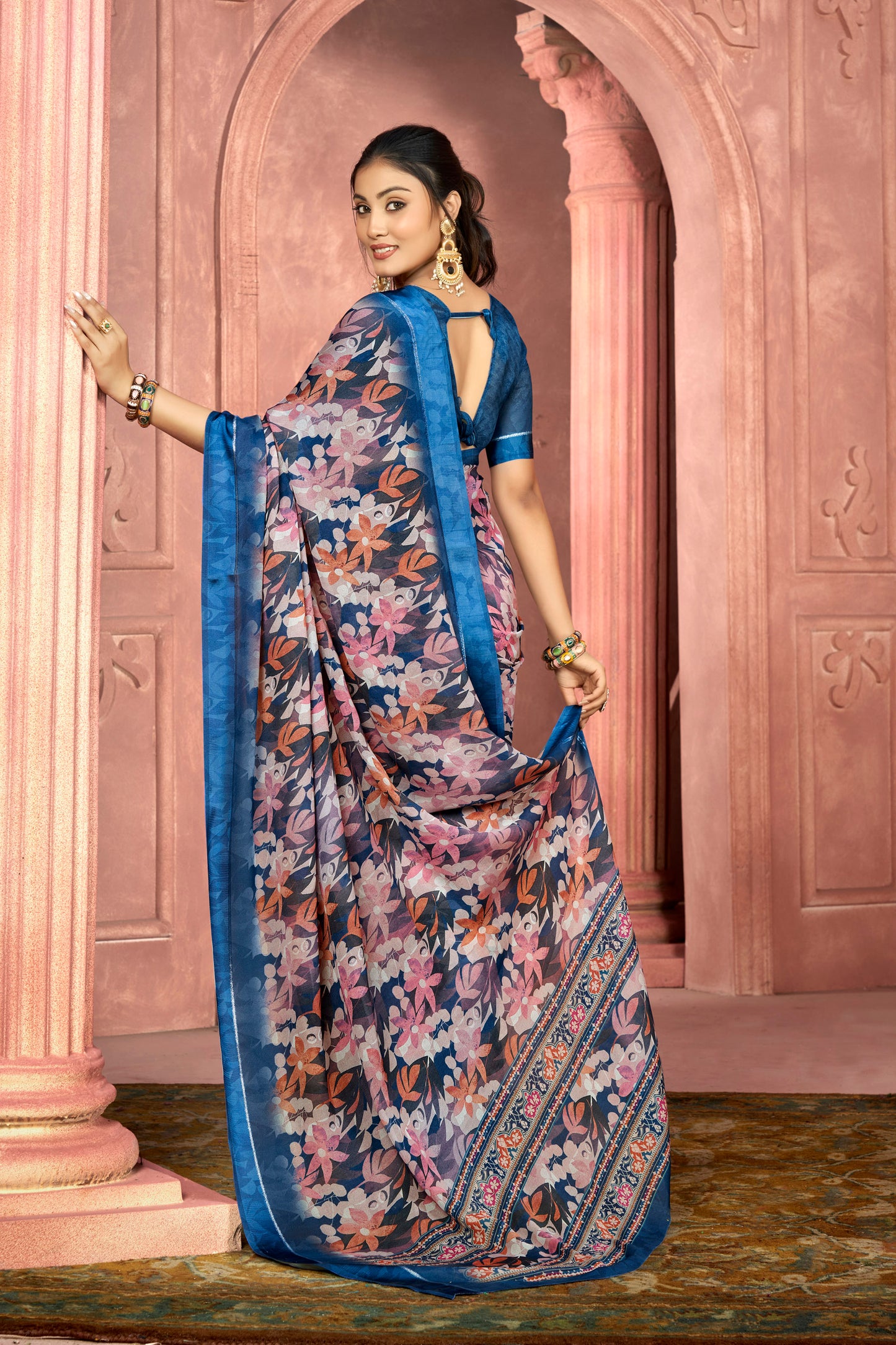 Samriddhi – Royal Blue Moss Georgette Digital Print Saree with Satin Patta Border