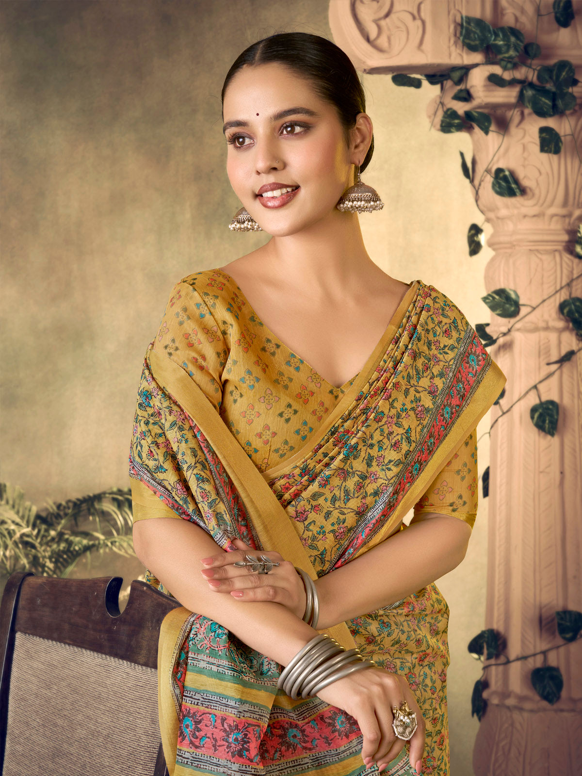 Amrapali - Yellow Chanderi Cotton Digital Printed Saree with Zari Border