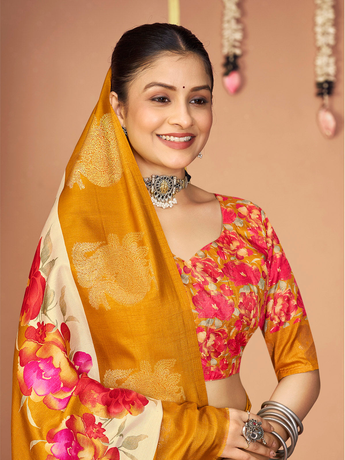 Rajkumari - Yellow Printed Soft Silk Saree with Silk Foil Work