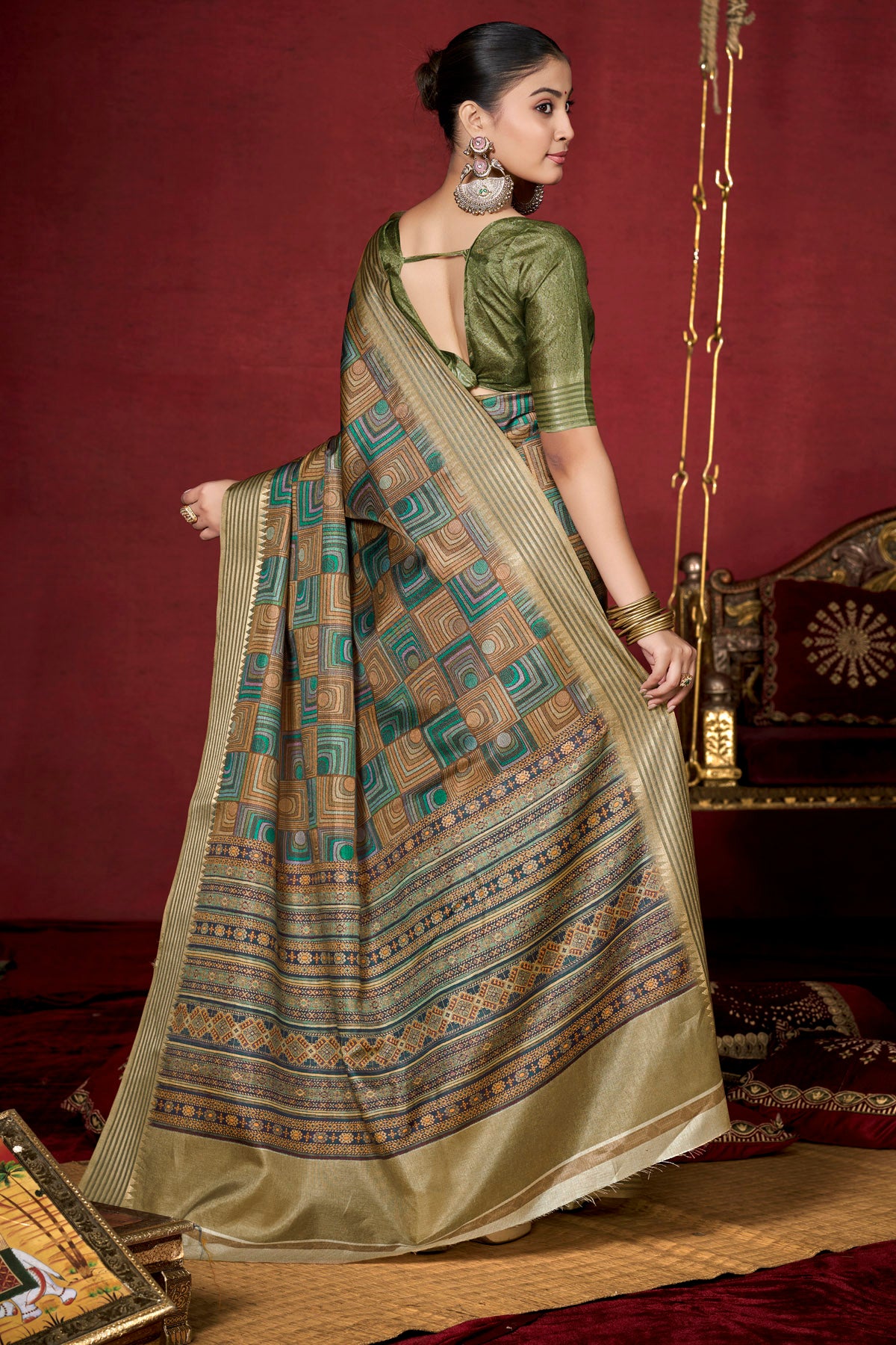 Veera - Green Soft Silk Digital Printed Saree with Woven Border