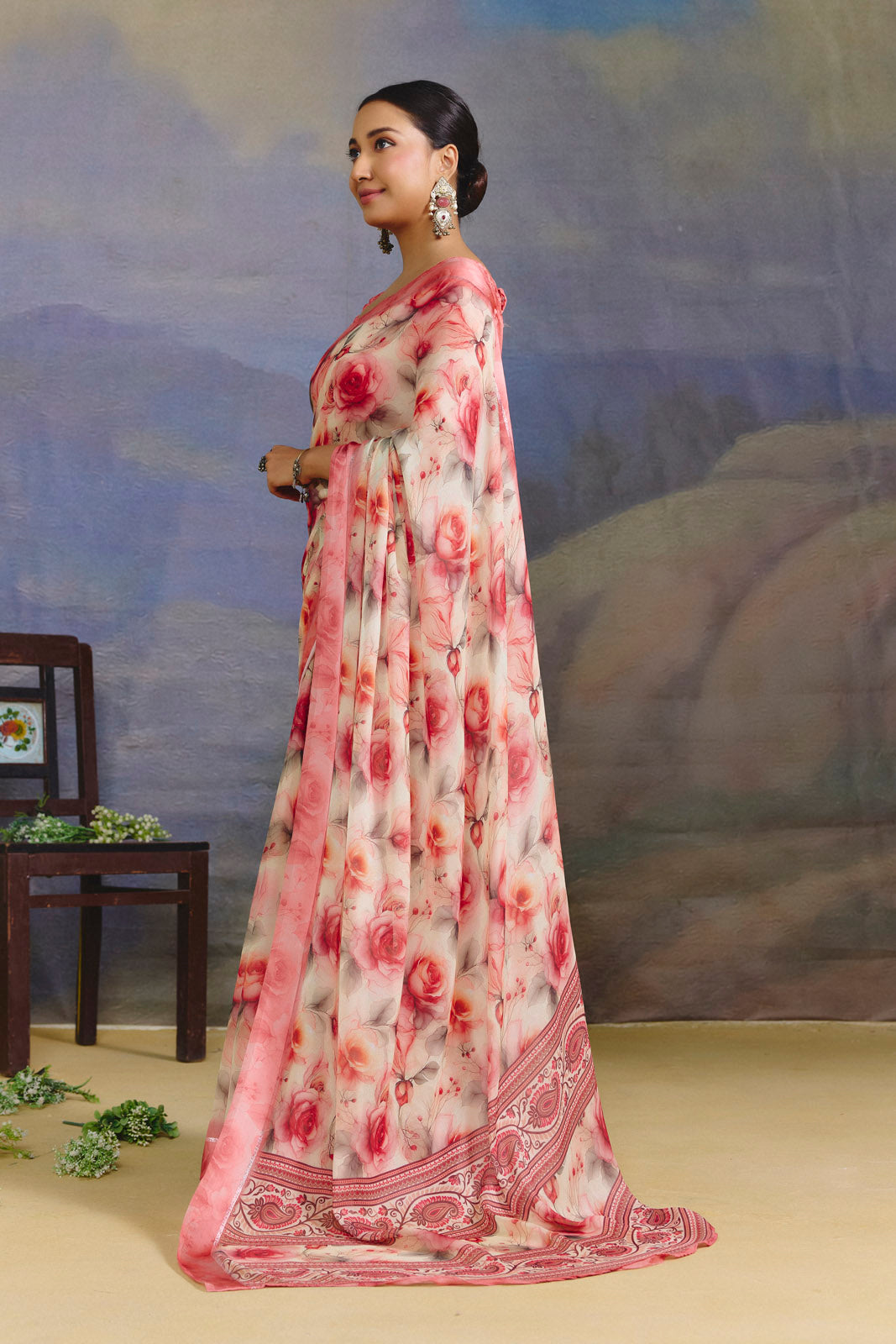 Samriddhi - Pink Moss Georgette Digital Print Saree with Satin Patta Border