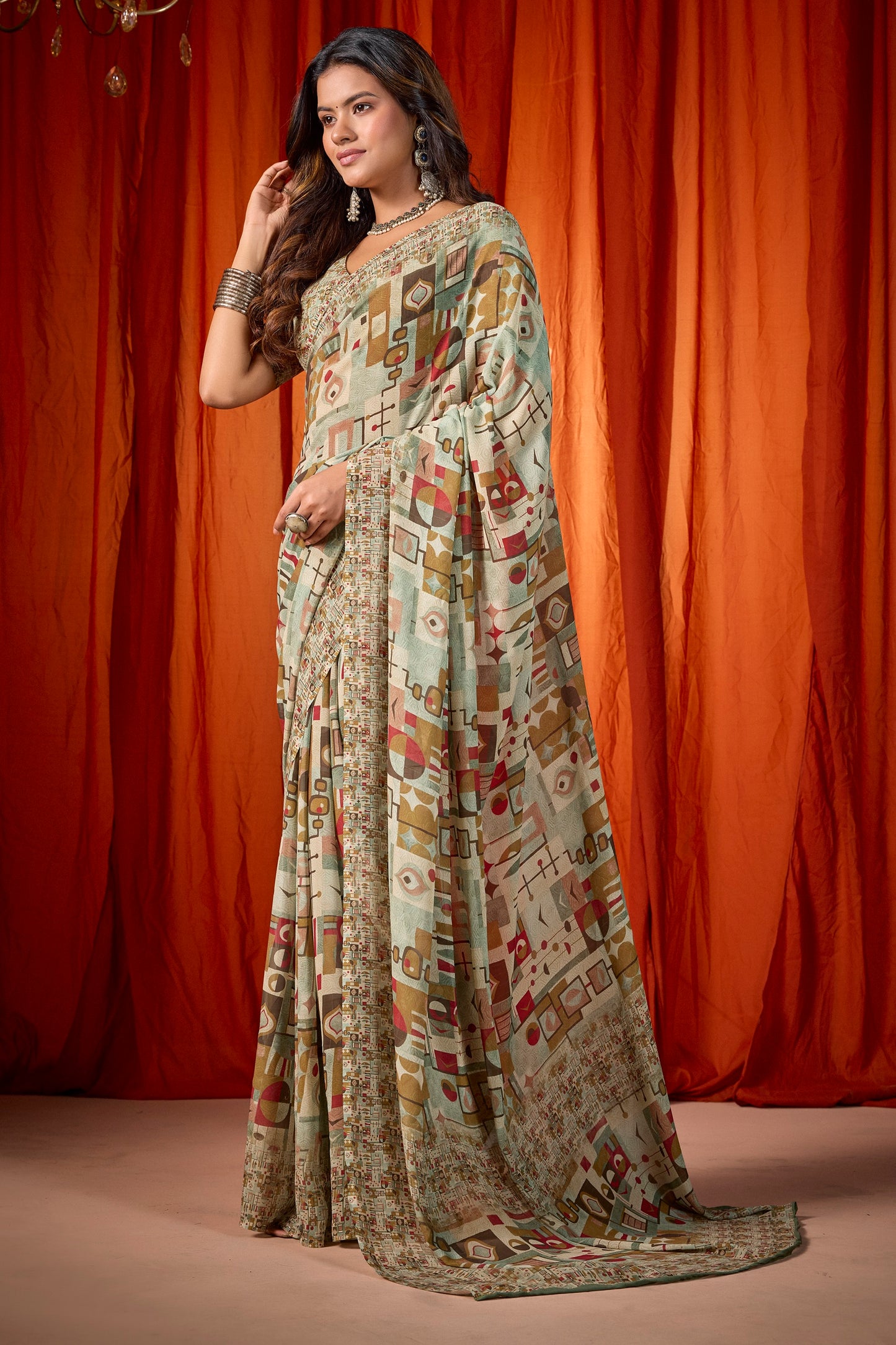 Shraddha - Green Georgette Digital Printed Saree