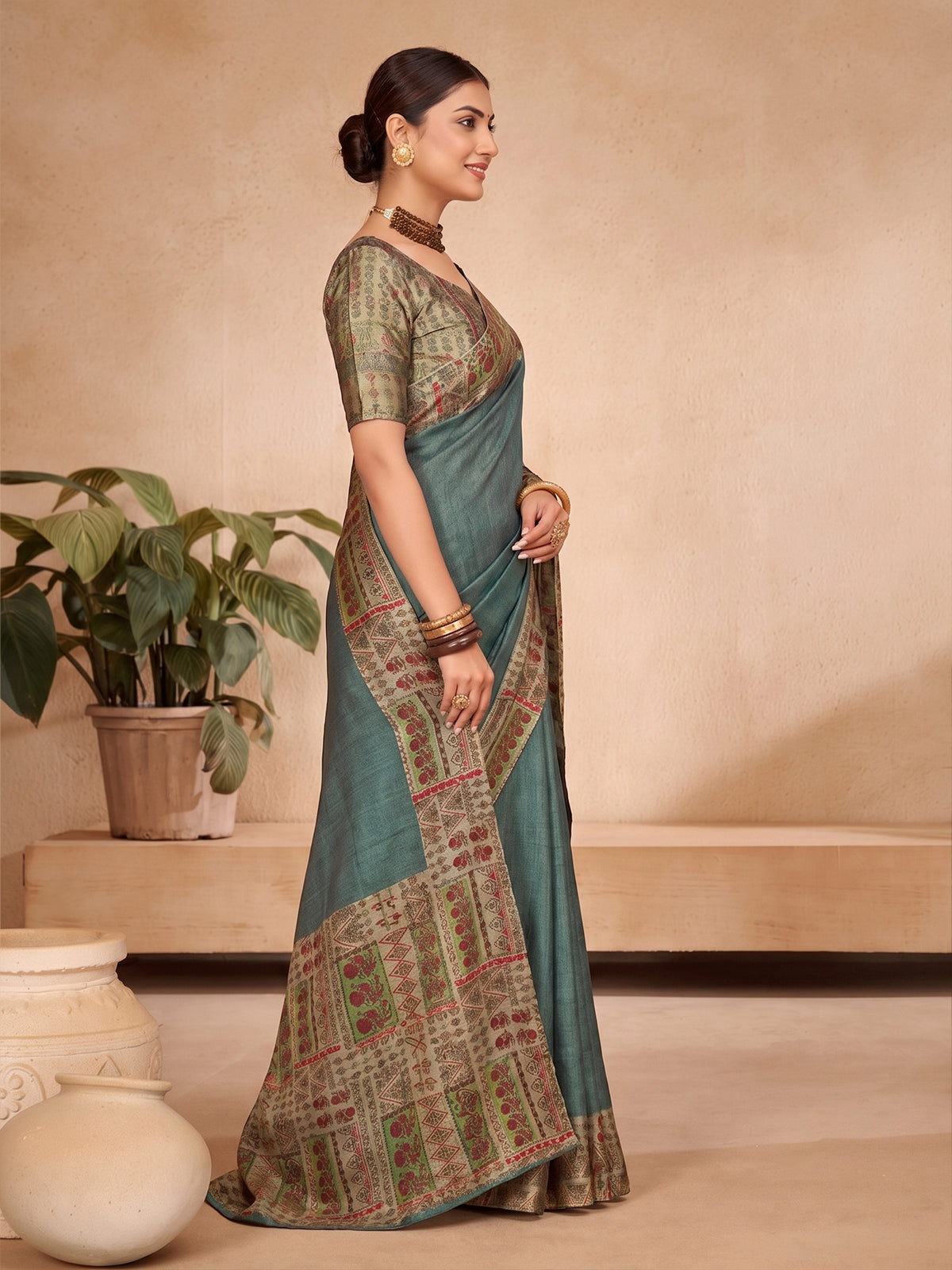 Ekvarna - Sea Green Printed Chiffon Saree