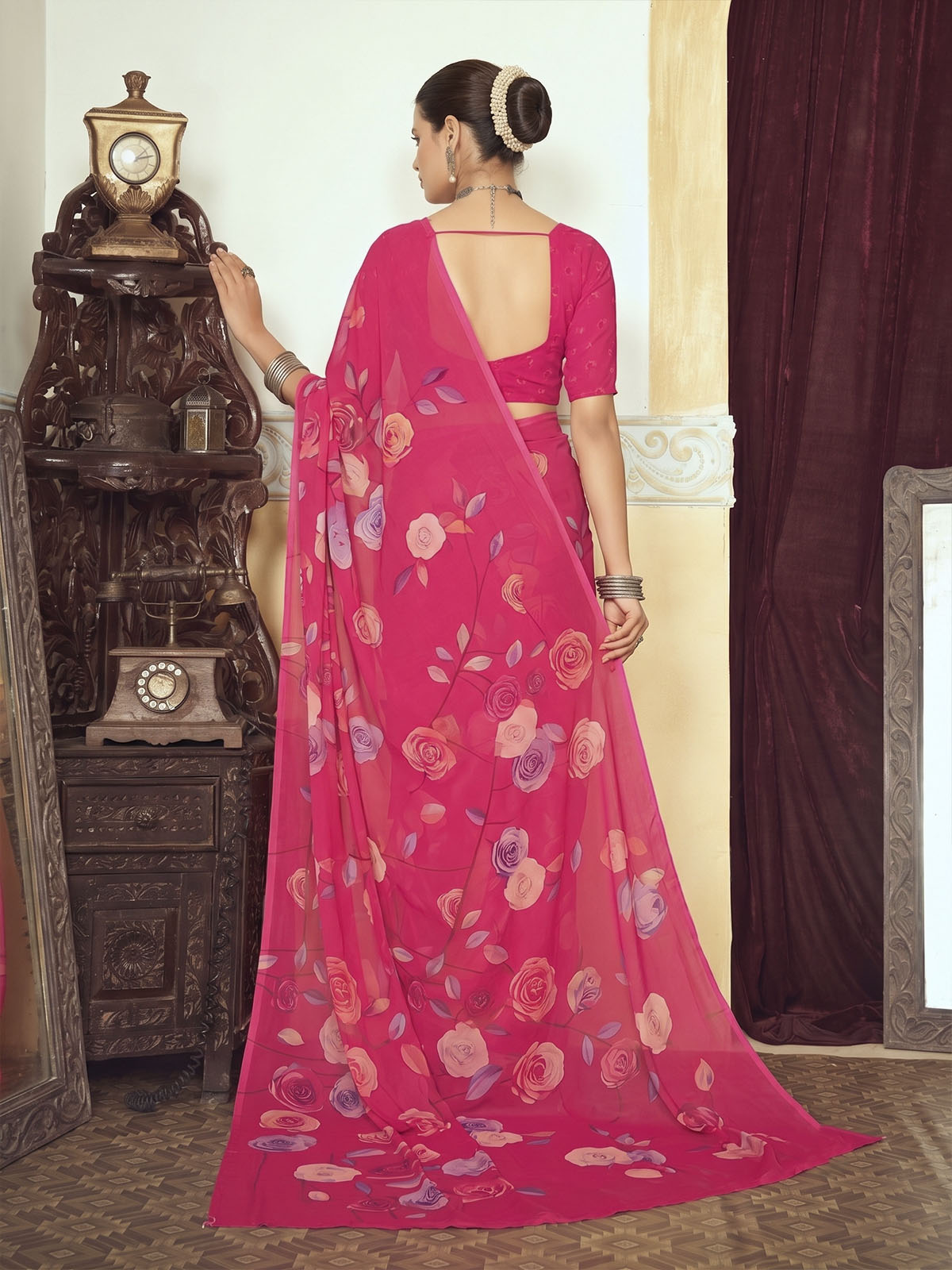 Riddhi - Pink Georgette Floral Digital Printed Saree