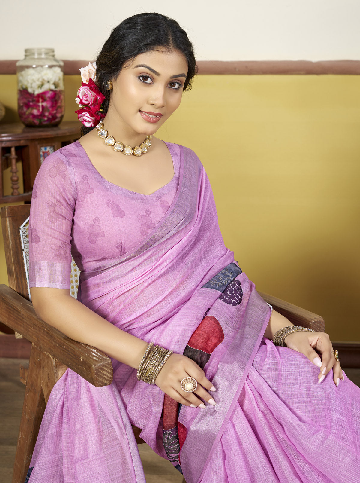 Rachna - Purple Linen Digital Print Saree with Woven Border
