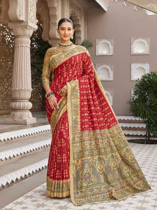 Gulmarg - Red Silk Digital Printed Saree with Zari Border