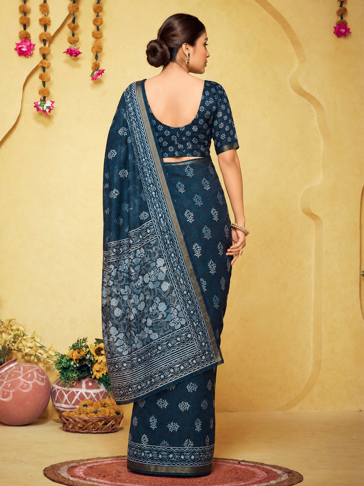 Amrapali - Navy Blue Chanderi Cotton Digital Printed Saree with Zari Border
