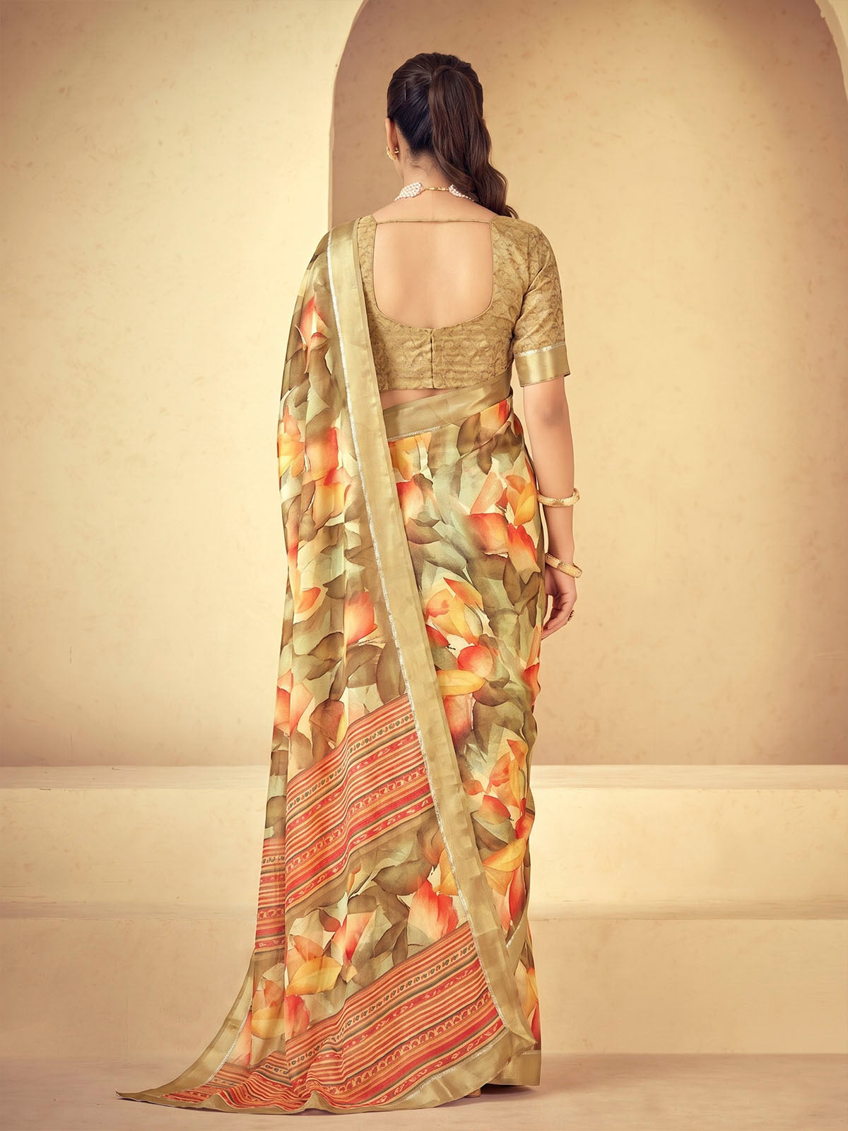 Samriddhi - Lime Green Moss Georgette Digital Print Saree with Satin Patta Border