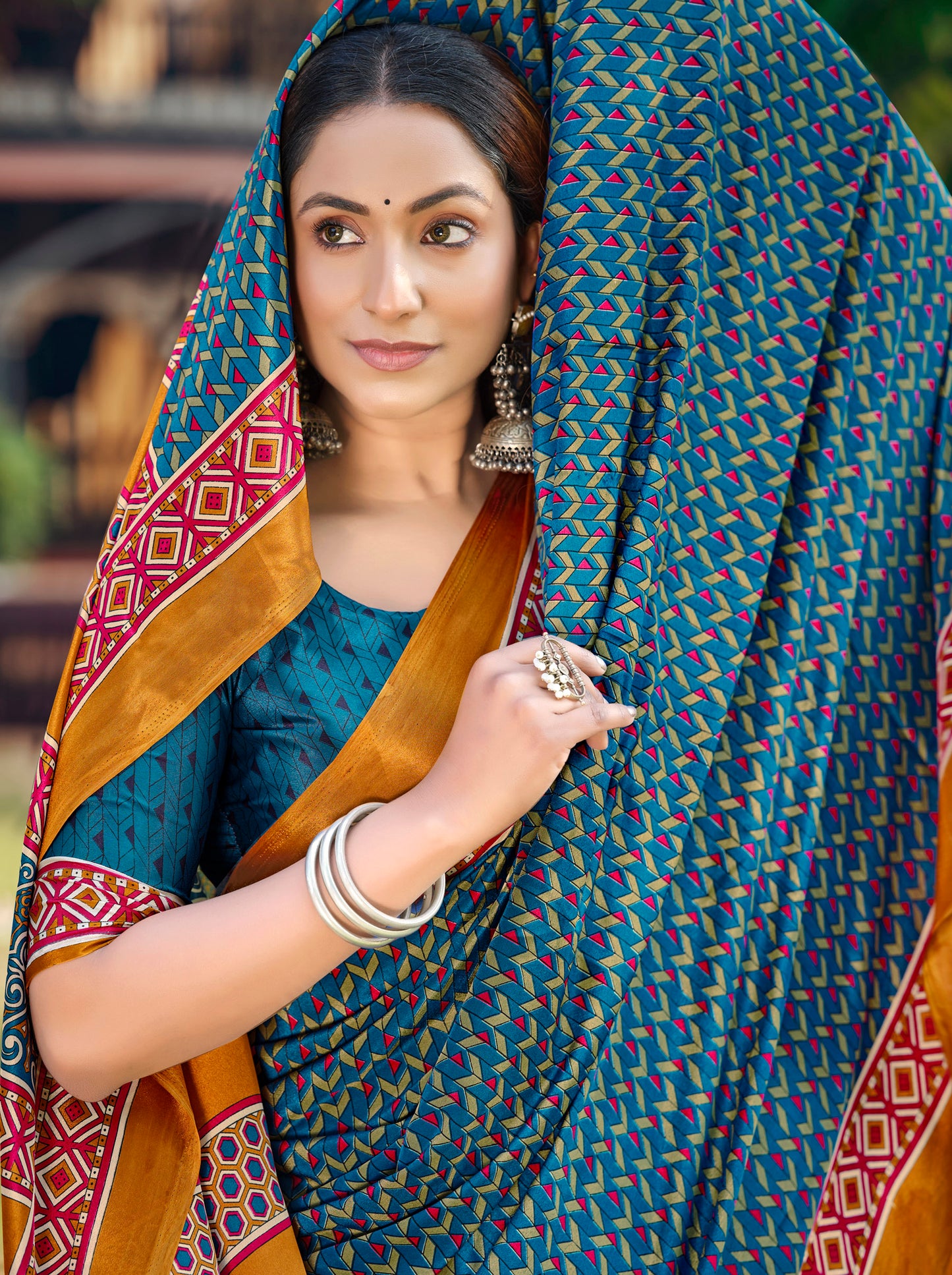 Rajkala - Aqua Blue Printed Crepe Silk Saree