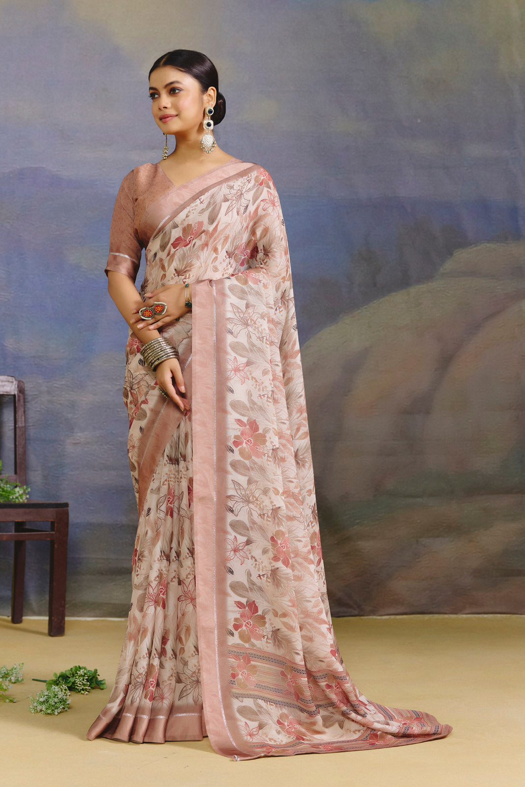 Samriddhi - Tan Moss Georgette Digital Print Saree with Satin Patta Border