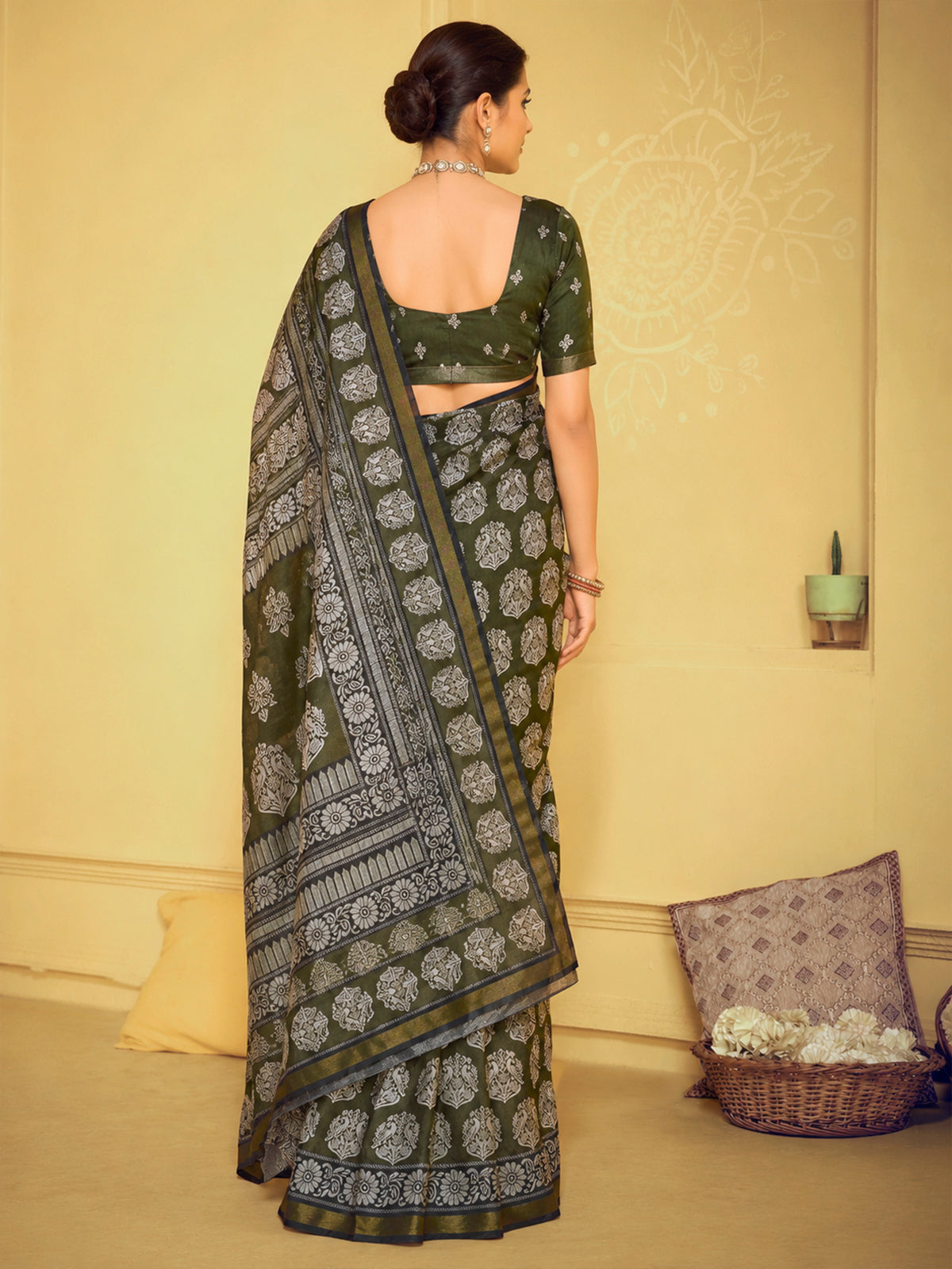 Amrapali - Olive Garden Chanderi Cotton Digital Printed Saree with Zari Border