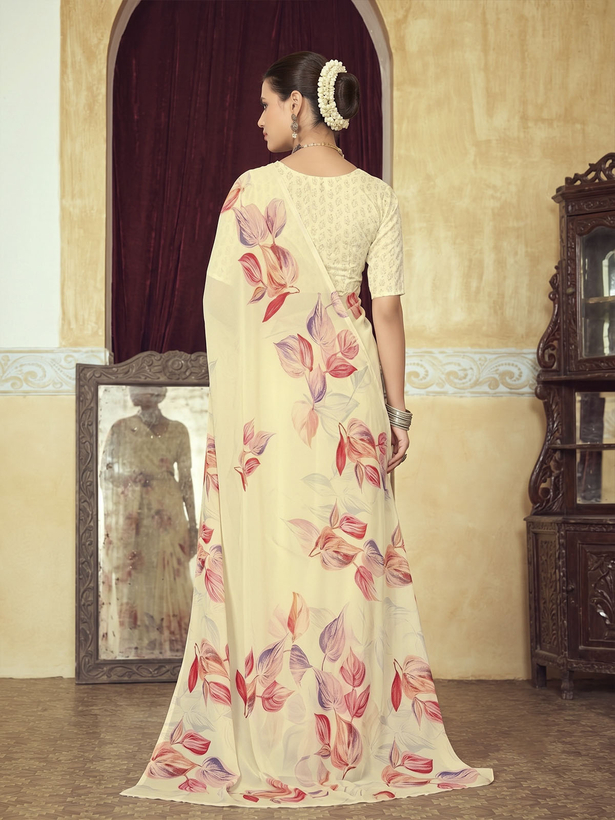 Riddhi - Cream Georgette Floral Digital Printed Saree
