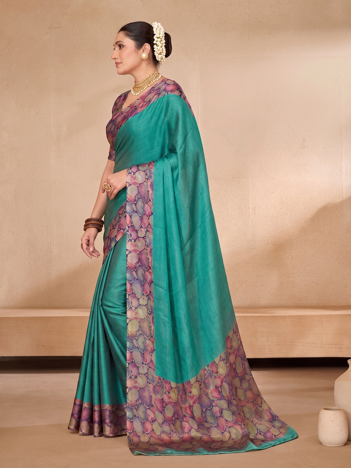 Ekvarna - Turquoise Printed Chiffon Saree
