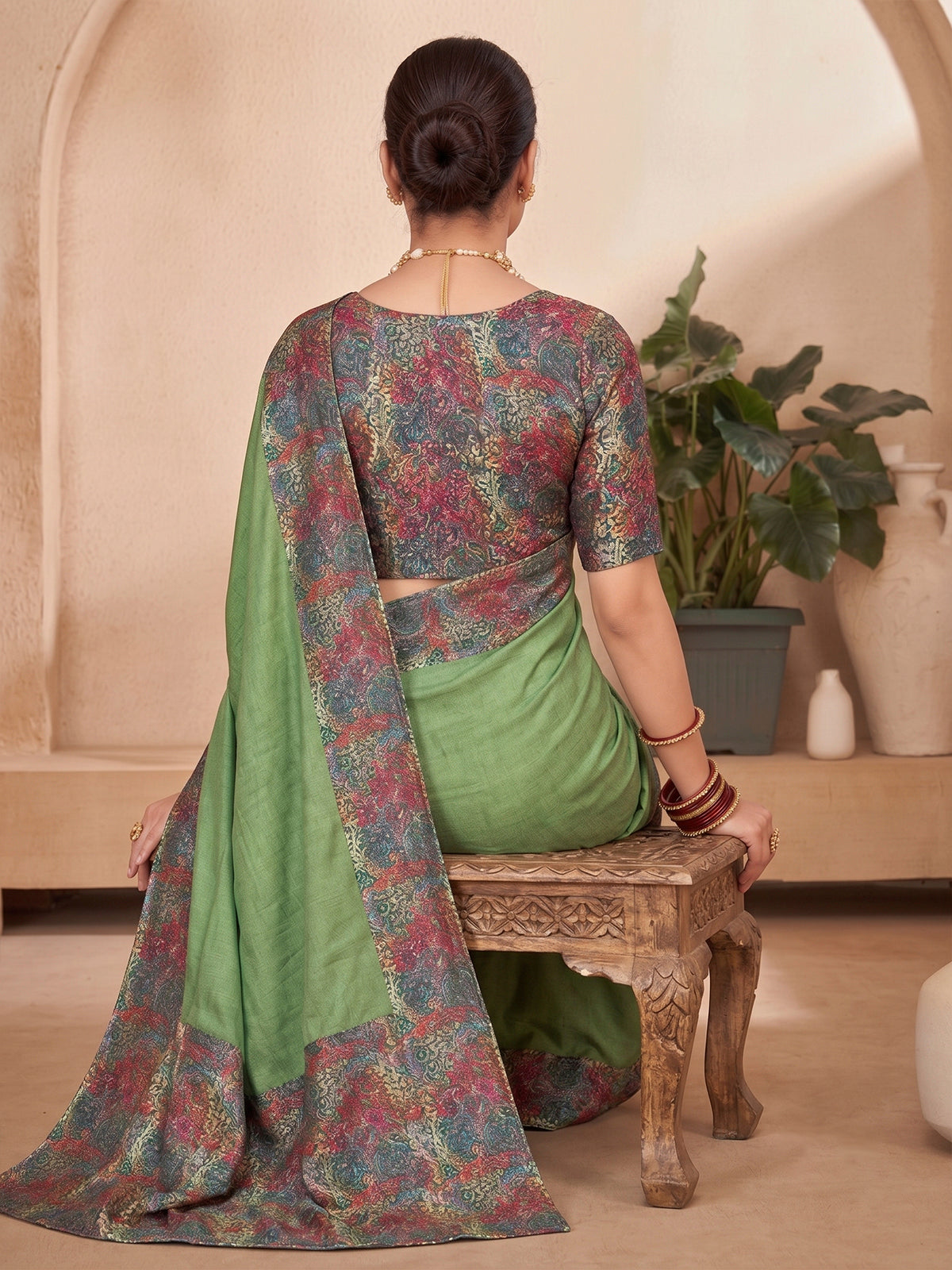 Ekvarna - Green Printed Chiffon Saree