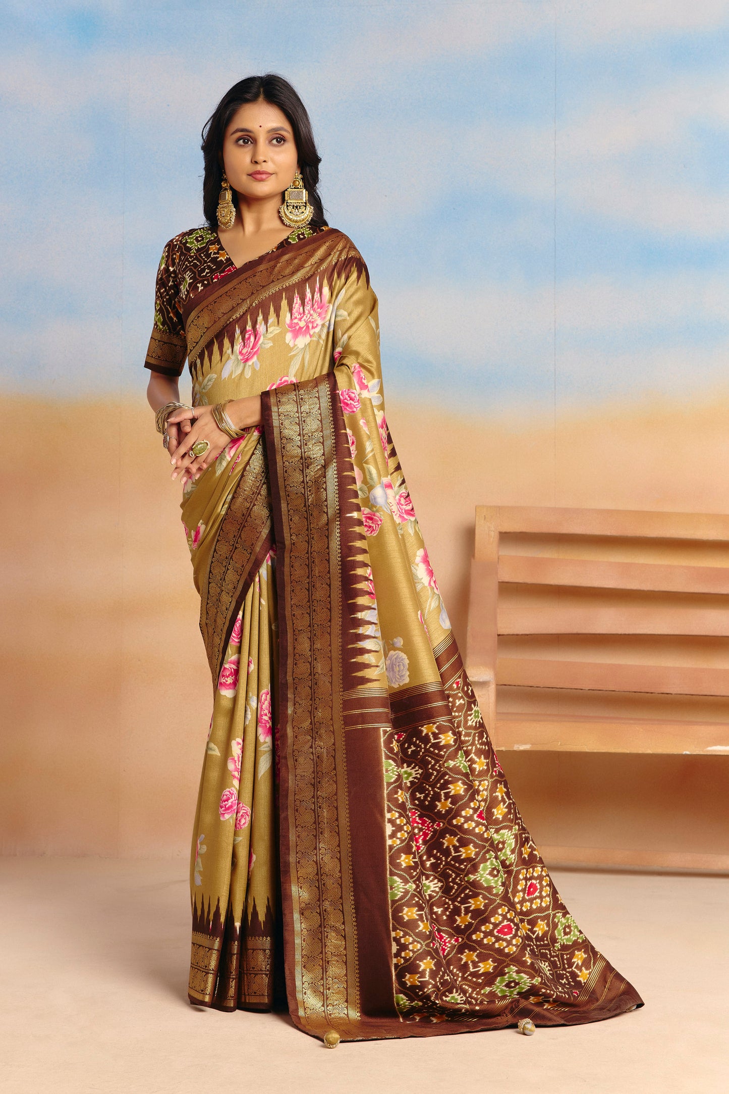 Rangrekha - Green Floral Printed Soft Silk Saree