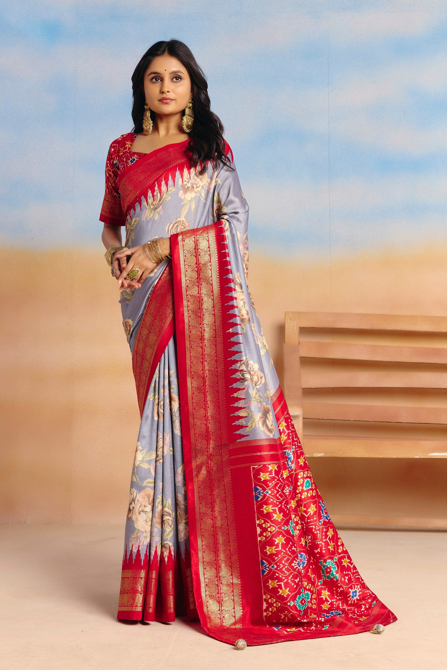 Rangrekha - Grey Floral Printed Soft Silk Saree