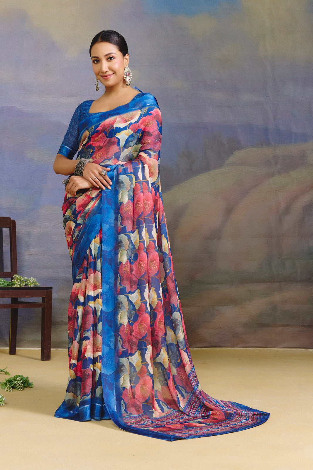 Samriddhi - Blue Moss Georgette Digital Print Saree with Satin Patta Border