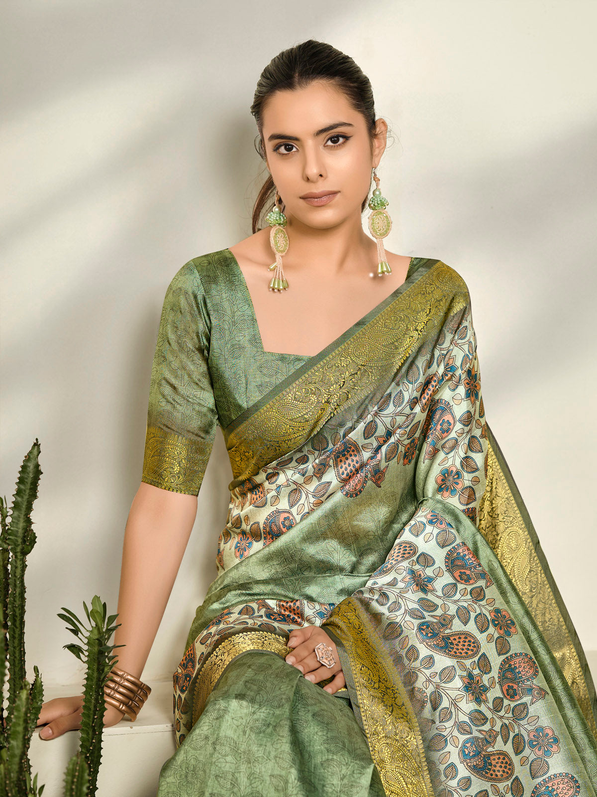 Varnika - Green Digital Printed Moss Georgette Saree with Woven Border