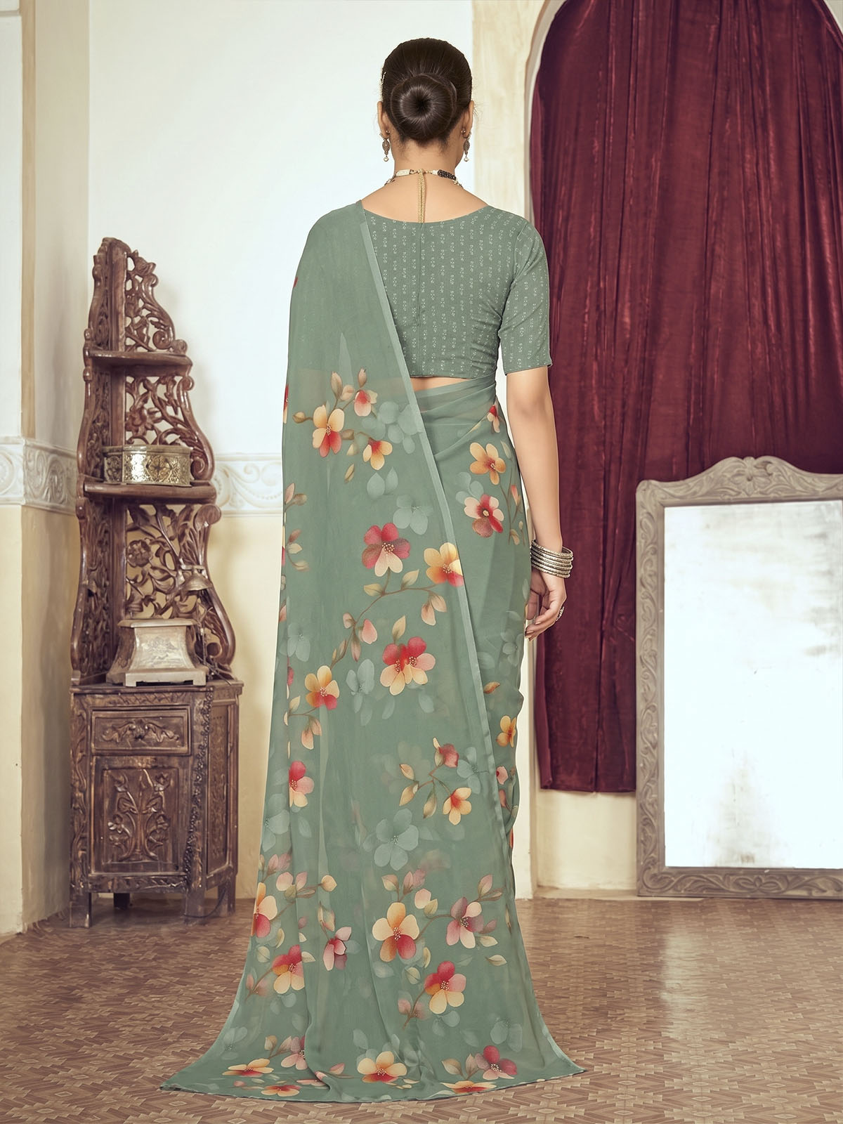 Riddhi - Olive Green Georgette Floral Digital Printed Saree