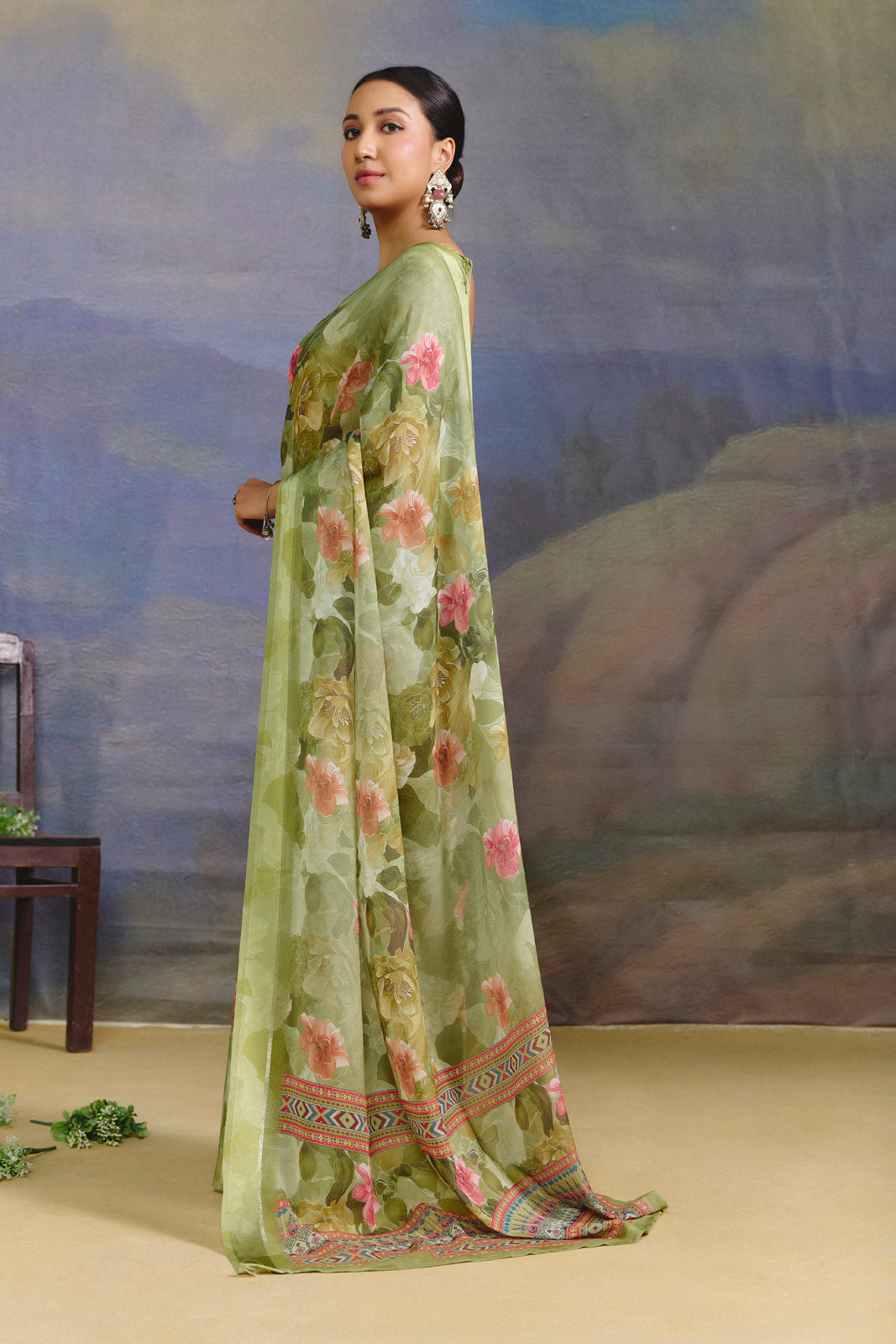 Samriddhi - Green Moss Georgette Digital Print Saree with Satin Patta Border