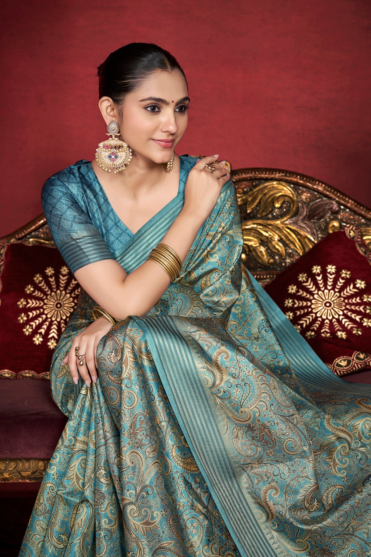 Veera - Blue Soft Silk Digital Printed Saree with Woven Border