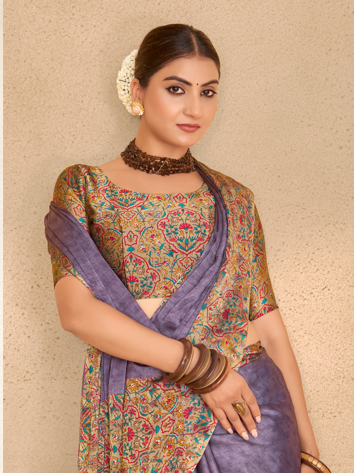 Ekvarna - Violet Printed Chiffon Saree