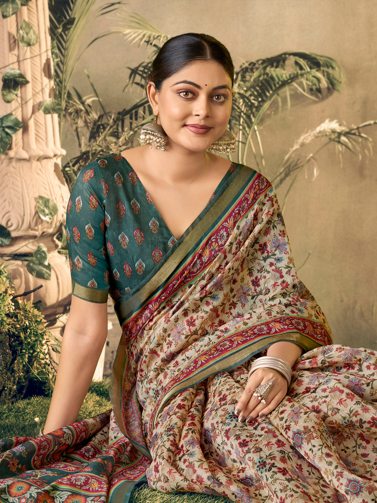 Amrapali - Cream Chanderi Cotton Digital Printed Saree with Zari Border