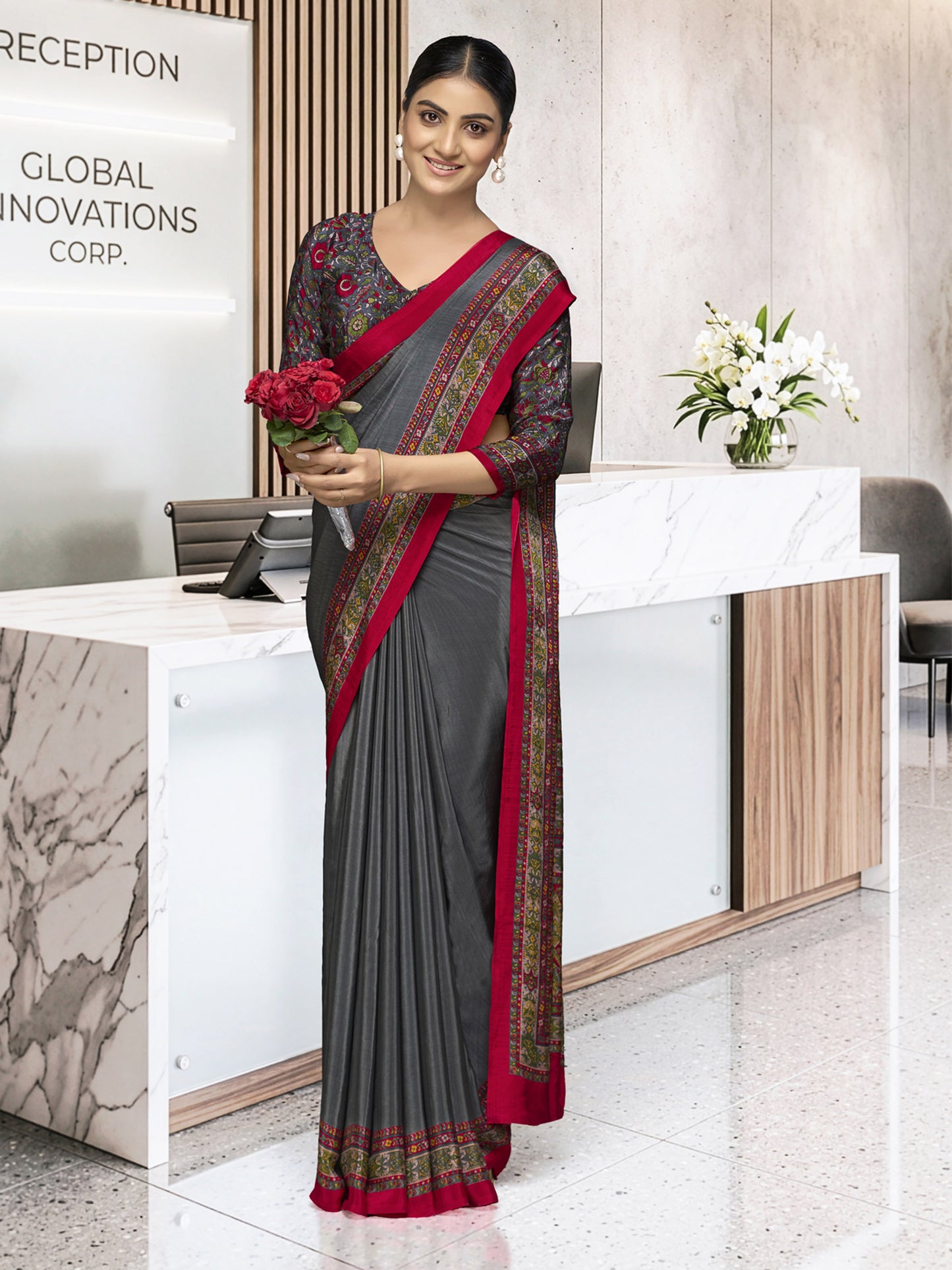 Chitrika - Grey Printed Crepe Silk Saree