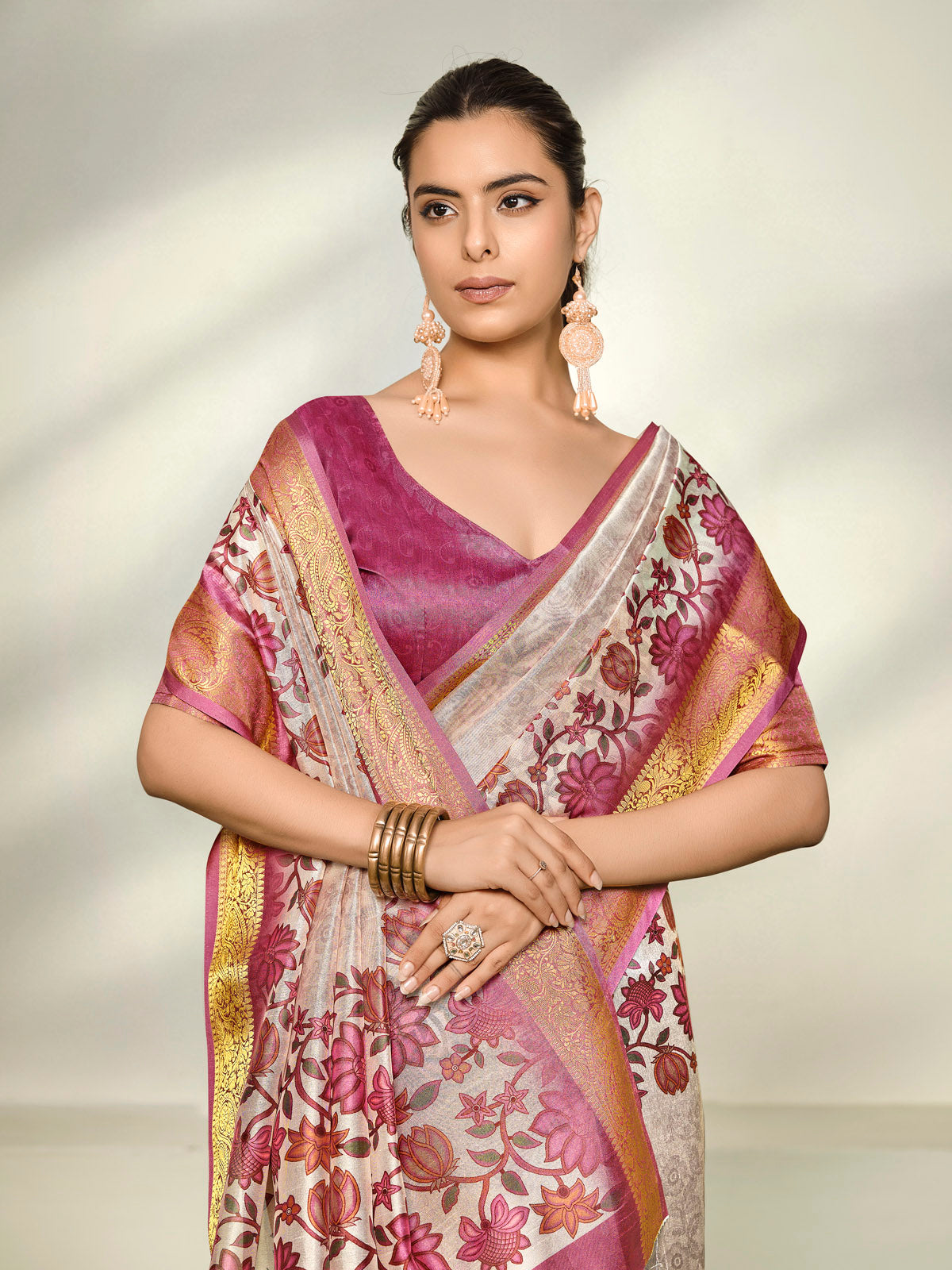 Varnika - Cream Digital Printed Moss Georgette Saree with Woven Border