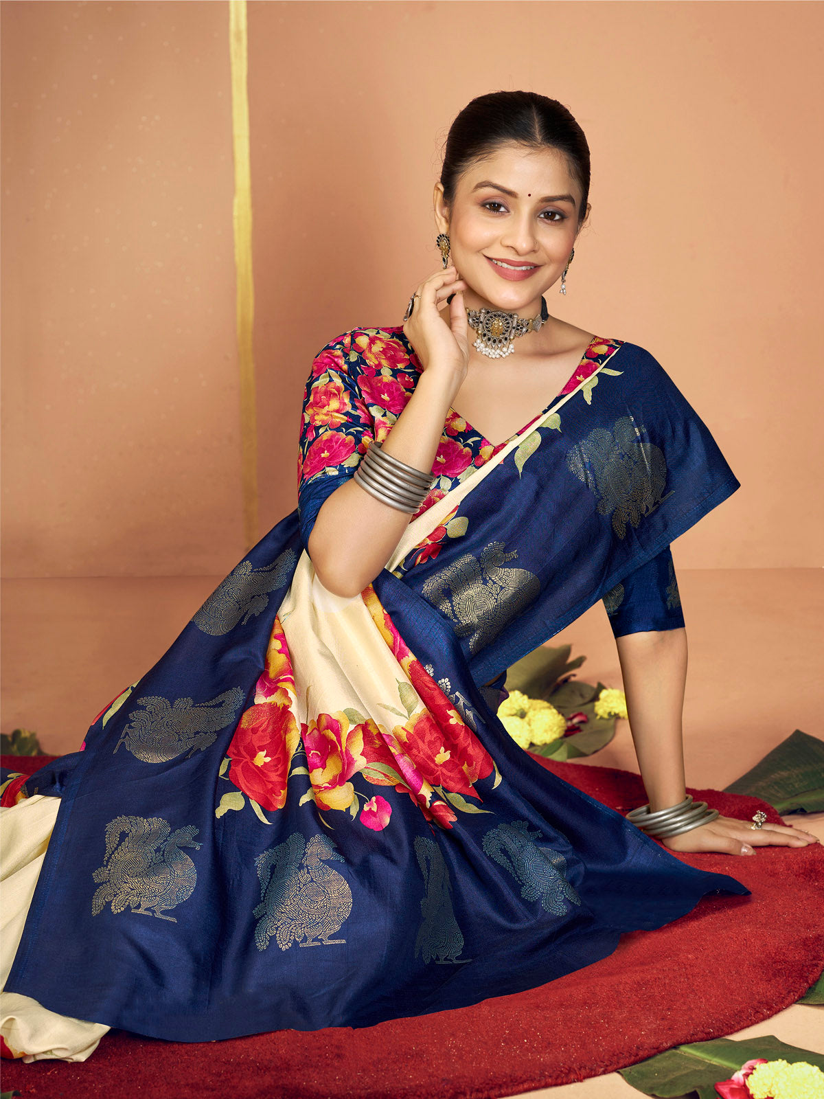 Rajkumari - Cream Printed Soft Silk Saree with Silk Foil Work