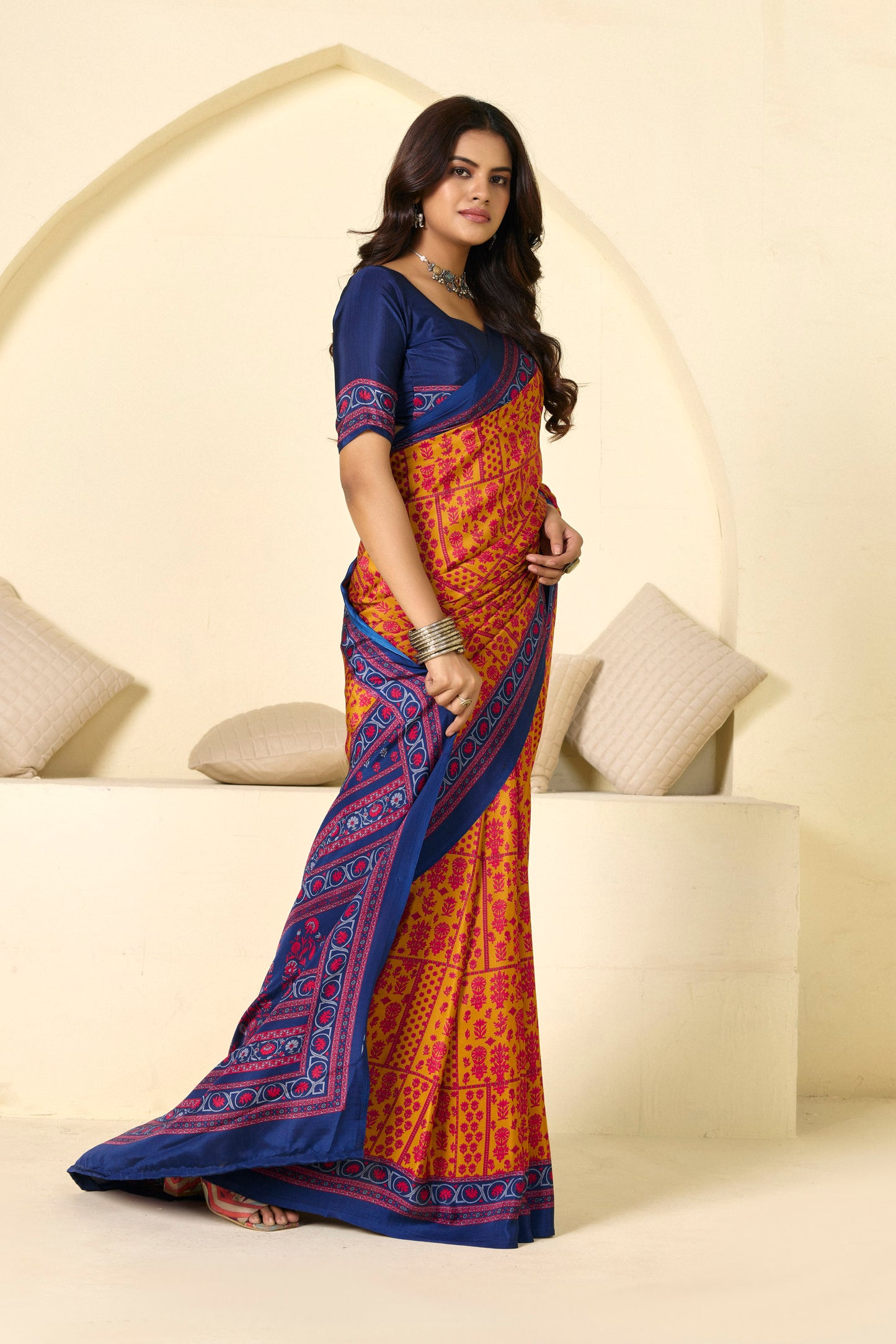 Rajkala - Yellow Floral Printed Crepe Silk Saree