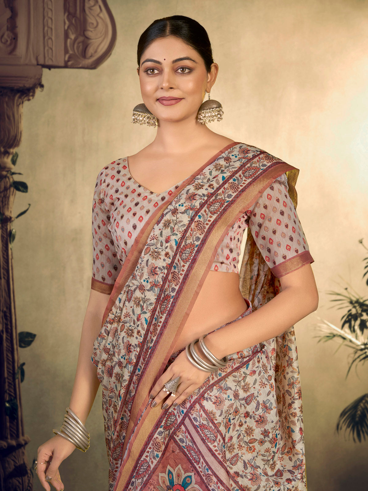 Amrapali - Off White Chanderi Cotton Digital Printed Saree with Zari Border