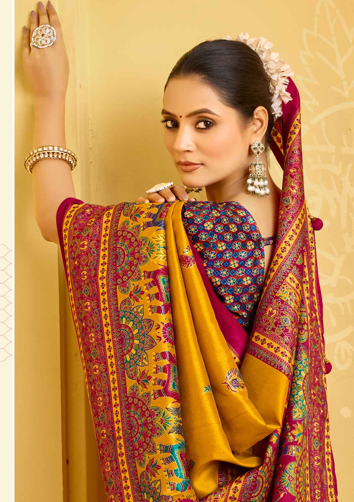 Kumuda - Yellow Silk Printed Saree with Delicate Foil Work