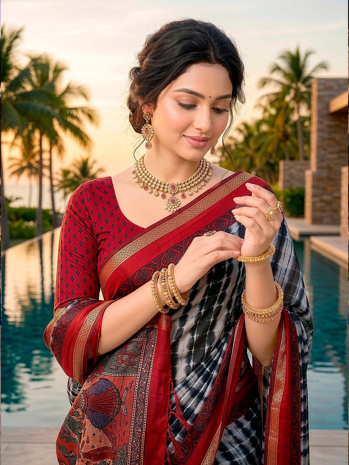 Monalisa - Black Printed Liva Cotton Silk Saree