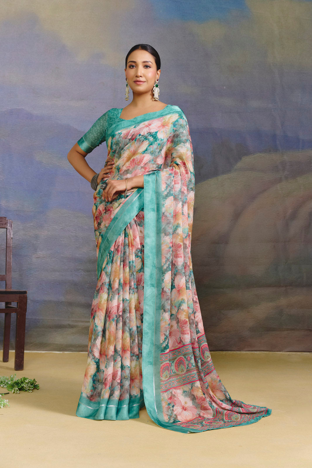 Samriddhi - Turquoise Moss Georgette Digital Print Saree with Satin Patta Border