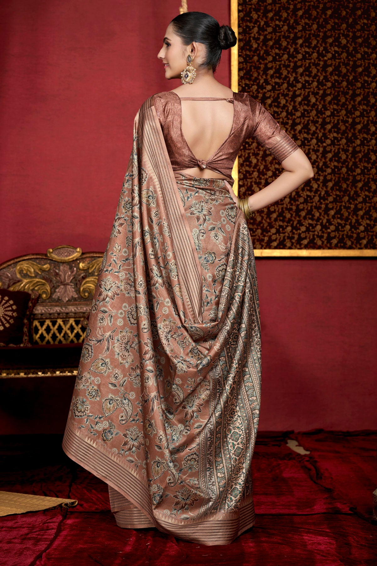 Veera - Rose Brown Soft Silk Digital Printed Saree with Woven Border