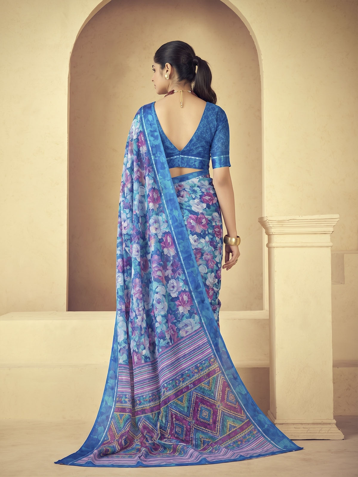 Samriddhi - Blue Moss Georgette Digital Print Saree with Satin Patta Border
