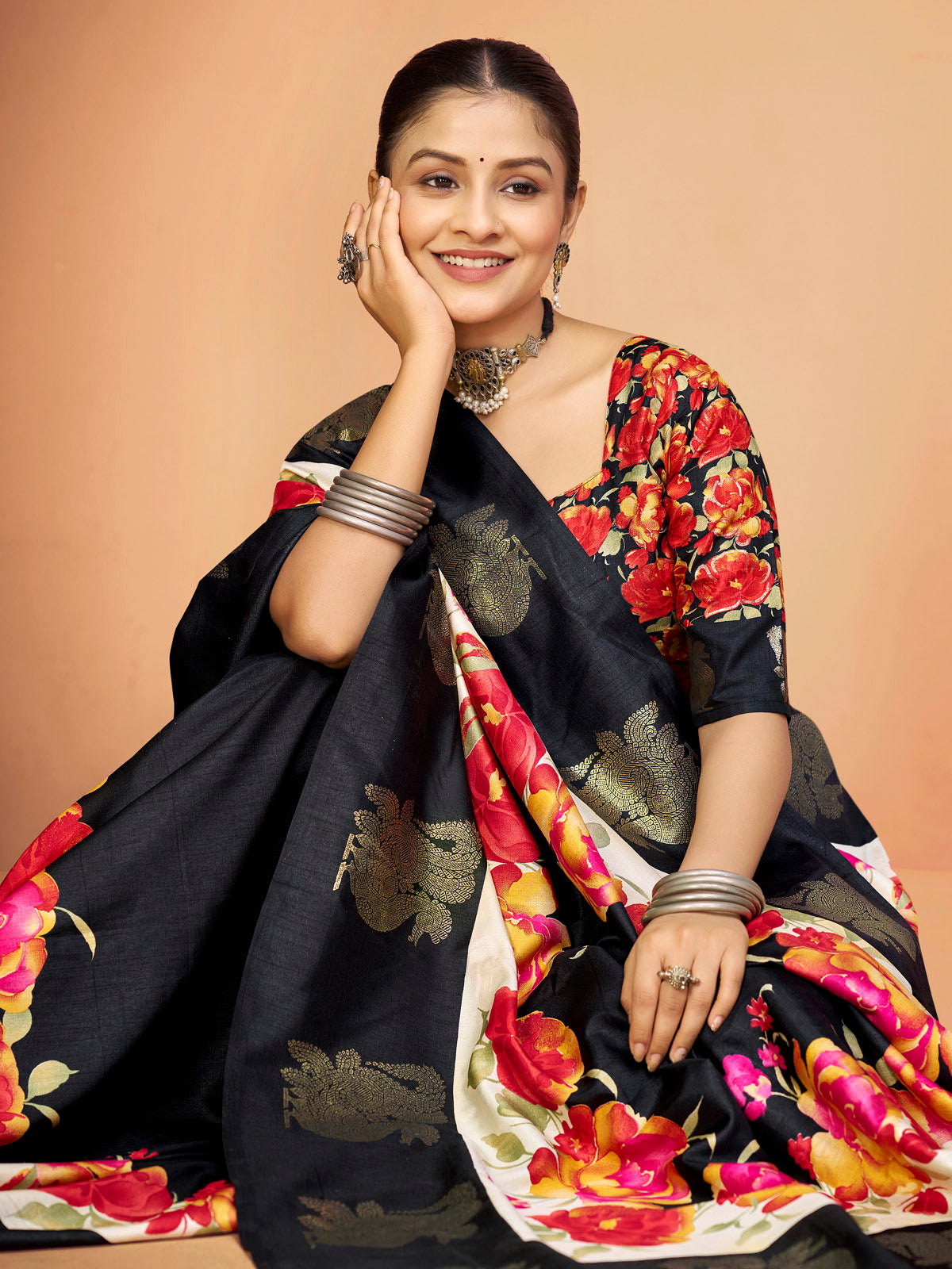 Rajkumari - Black Printed Soft Silk Saree with Silk Foil Work